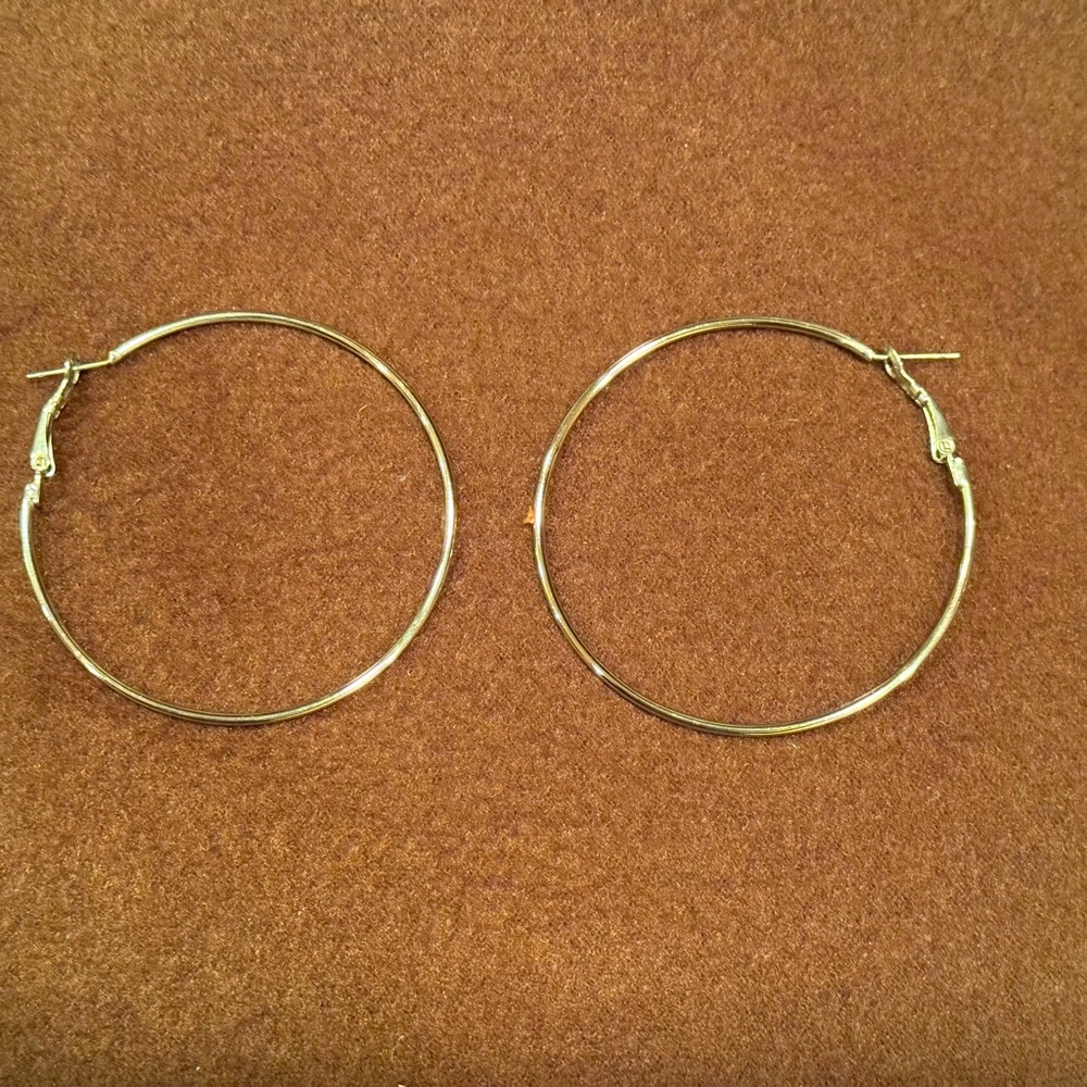 Vintage Stainless Steel Silver Hoop Pierced Earrings/Shiny/2.5 Inches/EUC